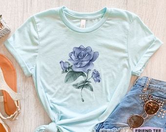 Shirt rozen, T-shirt rozenbloem, cadeau roos, T-shirt blauwe roos, shirt met bloemen, shirt met wilde bloemen, botanisch T-shirt, Cottagecore-shirt, cadeau voor haar