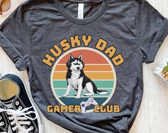 Husky Dad Gamer Shirt, Dog Lover Gaming Tee, Unisex Cotton Blend