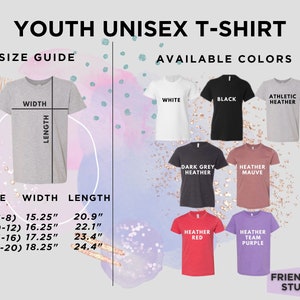 May include: A graphic showing a youth unisex t-shirt size guide and available colors. The size guide shows measurements in inches for width and length. Available colors include white, black, athletic heather, dark grey heather, heather mauve, heather red, and heather team purple.