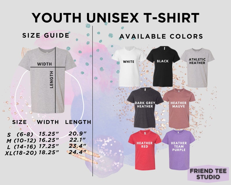 May include: A graphic showing a youth unisex t-shirt size guide and available colors. The size guide shows measurements in inches for width and length. Available colors include white, black, athletic heather, dark grey heather, heather mauve, heather red, and heather team purple.