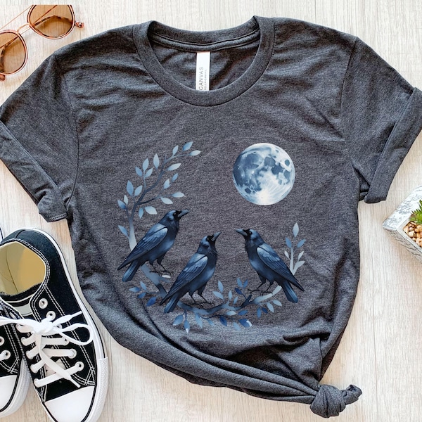 Camiseta gráfica vintage Three Crows, camiseta retrô com lua de corvo, amantes de corvos, camiseta engraçada de corvo, presentes de corvo, presente para amantes de corvos, corvos em aquarela ao luar