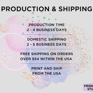 May include: Image with text about production and shipping details. Text includes production time of 2-4 business days, domestic shipping of 2-5 business days, and free shipping on orders over $54 within the USA. The text also mentions printing and shipping from the USA.