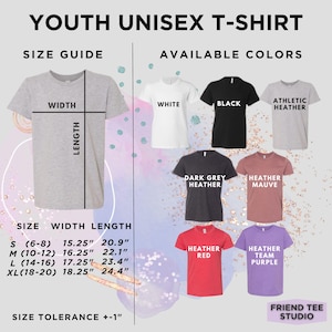 May include: A graphic showing a youth unisex t-shirt size guide and available colors. The size guide shows measurements in inches for width and length. Available colors include white, black, athletic heather, dark grey heather, heather mauve, heather red, and heather team purple.