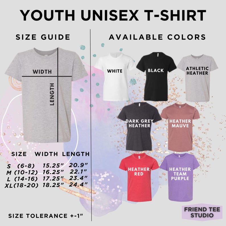 May include: A graphic showing a youth unisex t-shirt size guide and available colors. The size guide shows measurements in inches for width and length. Available colors include white, black, athletic heather, dark grey heather, heather mauve, heather red, and heather team purple.