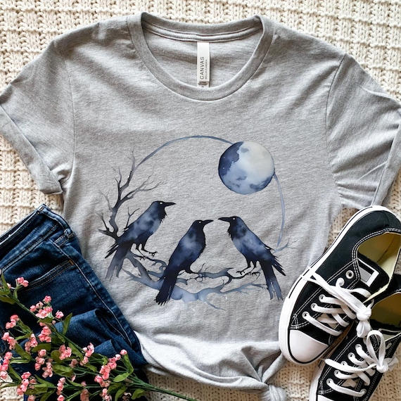 Three Crows Watercolor Graphic Shirt, Vintage Crow Moon Tee, Crow Lovers, Witchcore Spiritual Graphic, Raven Gifts, Moonlit Crows T-shirt