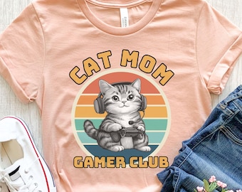 Cat Mom Gamer Shirt, Retro Sunset Kitten Tee, Unisex Cotton Blend