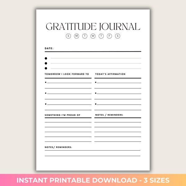 Gratitude Journal Printable, Mindfulness A5, A4, US Letter Planner Template, Self Love Reflection Page Daily Tracker, Mental Health BUJO