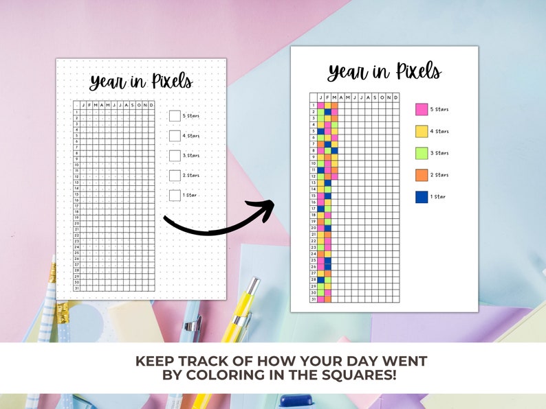 Year in Pixels Journal Page, Printable Organization Tracker, Rate My ...
