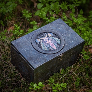 Scatola in pelle fatta a mano, scatola di gioielli, scatola porta carte di pietre preziose o tarocchi, regali magici, decorazioni per la casa, scatola dei ricordi