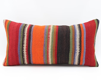 Hand woven Lumbar kilim pillow cover 10x20 inch hand woven small pillow rustic striped  decorative oblong vintage oriental pillow AD-1113