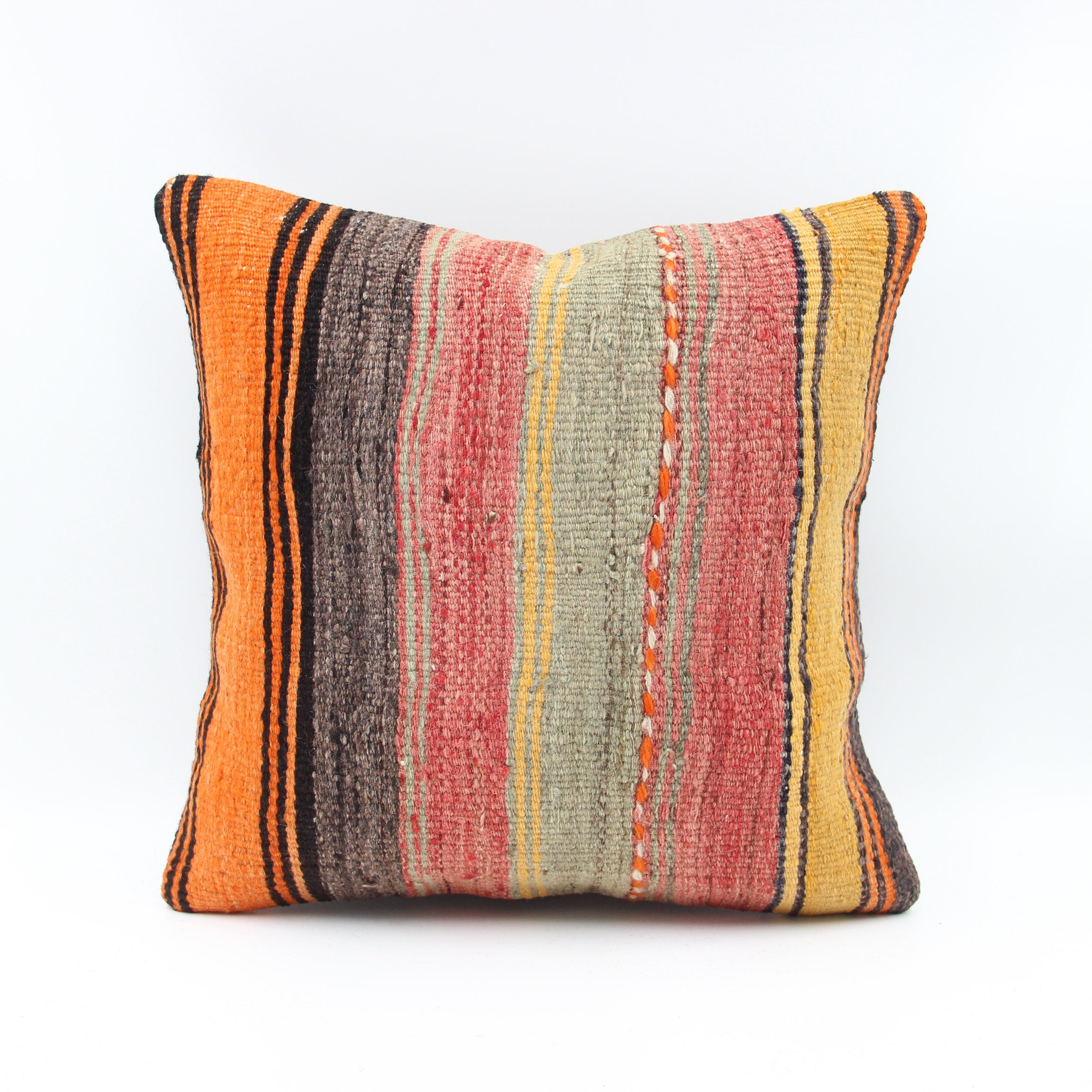 手作りトルコキリム枕カバー：ヴィンテージストライプクッション（16 x
