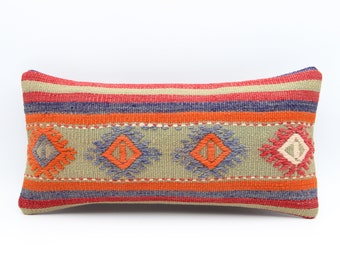 Hand woven Lumbar kilim pillow cover 10x20 inch hand woven small pillow rustic striped  decorative oblong vintage oriental pillow AD-1017