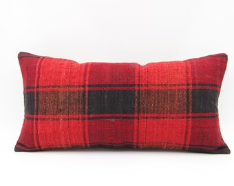 Hand woven Lumbar kilim pillow cover 10x20 inch hand woven small pillow rustic striped  decorative oblong vintage oriental pillow AD-1070