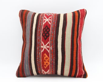 Turkish kilim pillow cover 14x14 inch hand woven handmade small pillow rustic striped design decorative vintage kilim pillow AC-1054