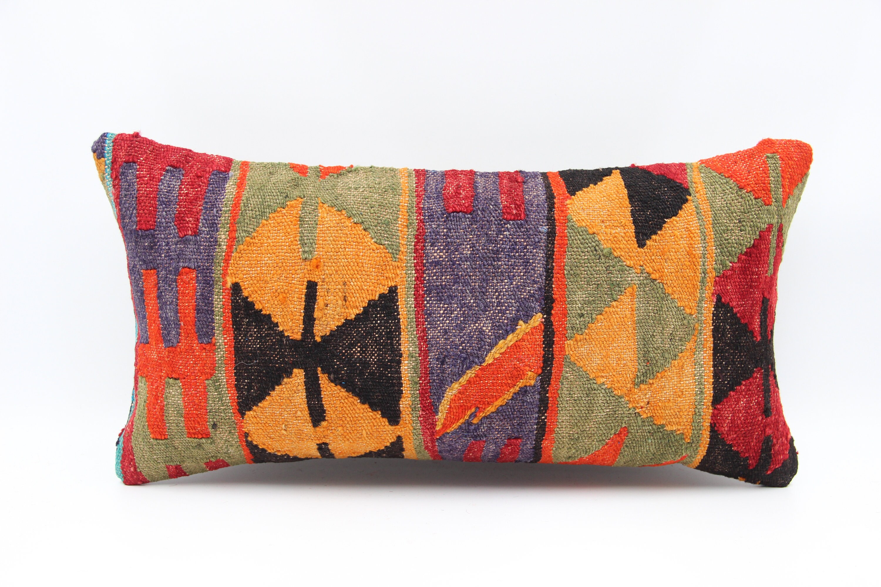 Hand woven Lumbar kilim pillow cover 10x20 inch hand woven small pillow rustic striped  decorative oblong vintage oriental pillow AD-1096