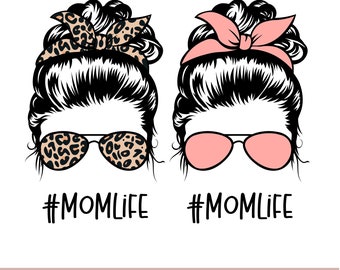 May include: Two black and white illustrations of women with messy buns, wearing sunglasses and headbands. The woman on the left has a leopard print headband and sunglasses, while the woman on the right has a pink headband and sunglasses. Both illustrations have the text "#MOMLIFE" underneath.
