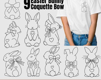May include: Nine black and white outline illustrations of Easter bunnies with bows. The bunnies are in various poses, some are sitting, some are standing, and some are facing different directions. The text "9 Easter Bunny Coquette Bow" is at the top of the image.