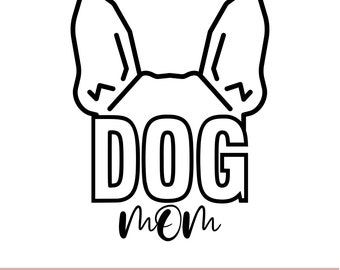 May include: Black and white graphic of a dog's head with the word "DOG" above "mom" in a script font. The image is a vector graphic, suitable for various digital applications.