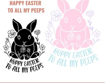 May include: A black and white illustration of a bunny rabbit with flowers and the text "Hoppy Easter to all my peeps".