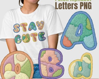 May include: A set of 62 pastel embroidered alphabet letters in PNG format. The letters are made of various pastel colors and have a patchwork design. The letters are shown on a white background. The text "Stay Cute" is shown on a white t-shirt worn by a person.