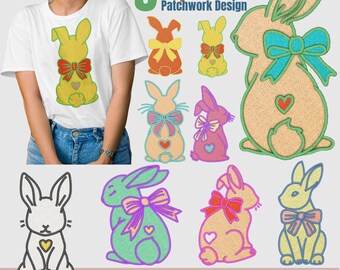 May include: Nine Easter bunny designs with patchwork bow details. The designs are in various colors, including orange, blue, green, pink, and white. The designs are in PNG and JPG formats. The text "CraftyDesignSpace" is at the bottom of the image.