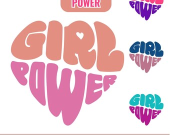 May include: A pink heart-shaped design with the words "Girl Power" in a retro font. The design is surrounded by three smaller versions of the design in different colors: purple, blue, and teal.