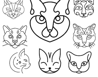 May include: Set of nine black and white line art cat head illustrations. The cat heads are in various styles, including simple, detailed, and stylized.