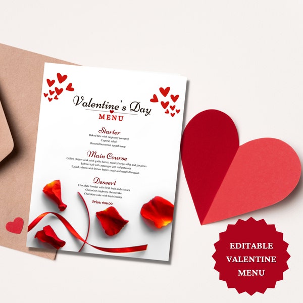 Modern Valentines Day Heart Menu, Romantic Table Décor, Personalized Menu Card, Red Heart Place Setting, Couples Gift ,Valentine's Day Menu.