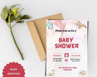 Pink Watercolor Baby Shower Invitation, Floral Background, Baby Girl Shower Card, Cute and Elegant, Baby Shower Invitation, Cute Invitation.