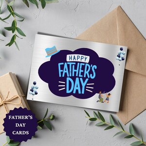 Blue Silver Happy Father's Day Card, Illustrated Greeting Design Card, Dad Appreciation, Father's Day Gift, Handmade Card,Blue Silver Design