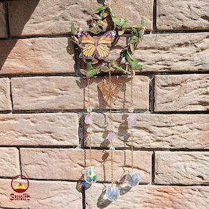 Floral Butterfly Suncatcher | Crystal Dreamcatcher with Leaf | Botanical Crystal Sun Catcher | Plant Themed Window Decor | Spiritual Decor