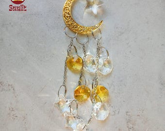 Attrape-soleil lune doré | Attrape-soleil en cristal étoilé | Attrape-soleil spatial | Capteur de lumière déesse de la lune | Décoration de chambre d'enfant | Décoration de fenêtre bohème céleste