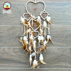Heart Dreamcatcher – Wall Hanging Boho Decor with Feathers and Beads – Romantic Spiritual Accent for Bedroom or Gift