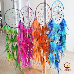Colorful Dreamcatcher – Boho Wall Hanging with Feather and Bead, Vibrant Spiritual Decor for Bedroom or Meditation Space