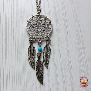 Boho Dreamcatcher Necklace – Silver-Tone Pendant with Turquoise Bead and Feathers, Spiritual Jewelry Gift for Her