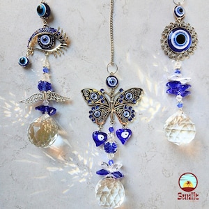 Butterfly Evil Eye Suncatcher Set with Crystal | Blue Butterfly Crystal Suncatcher | Protective Window Hanging | Gift For Evil Eye Lovers