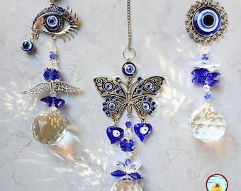 Butterfly Evil Eye Suncatcher Set with Crystal | Blue Butterfly Crystal Suncatcher | Protective Window Hanging | Gift For Evil Eye Lovers