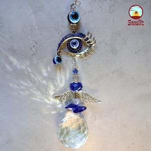 Evil Eye Suncatcher – Crystal Hanging Window Decor for Light and Protection – Spiritual Boho Decor for Home or Car
