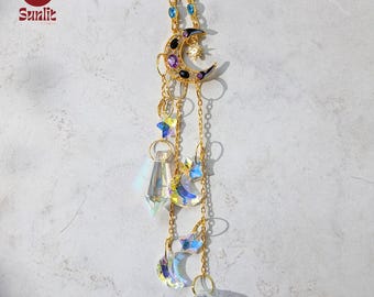 Half Moon Suncatcher | Gold Chain Suncatcher | Colorful Hanging Crystal Window Prism | Boho Suncatcher | Gemstone Suncatcher | Rainbow Maker