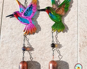 Stained Glass Hummingbird Wind Chime with Bell | Great Garden Ornament | Wind Chime Lovebirds Design | Windchime Wall Decor