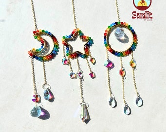 Crystal Suncatcher Set of 3 | Crescent Moon Suncatcher | Celestial Suncatcher | Star Suncatcher | Mirror Car Charm | Gemstone Sun Catcher