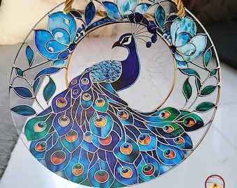 Pfau Glasmalerei Suncatcher | Pfau Vogel Glasmalerei | Garten Ornament Wandkunst | Vogel-Liebhaber-Geschenk | Pfau Wandbehang fürs Fenster