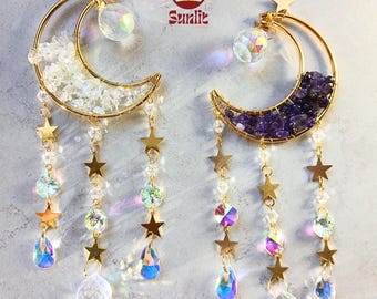 Amethyst Mond Sonnenfänger | Kristall Stern Suncatcher | Mond Auto Anhänger | Kristall Sonnenfänger | Boho Auto Anhänger | Lila und Weisser Suncatcher