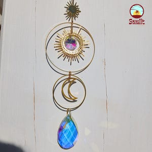 Crystal Suncatcher – Gold Tone Hanging with Sun Moon and Crystals – Boho Light Catcher for Window or Car Mirror