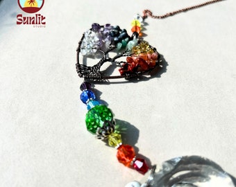 Tree of Life Suncatcher | Crystal Healing Decor | Rainbow Crystal Heart Window Hanging | Wire Tree Crystal Hanging | Light Catcher