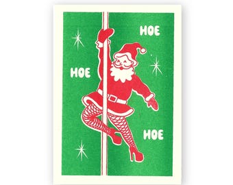 Carte postale impertinente du père Noël en risographie : des voeux de Noël effrontés