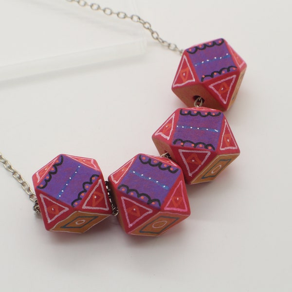 Painted Red and Purple Abstract - Geometric Shaped Hand Painted Beaded Necklace - Wooden Pendant
