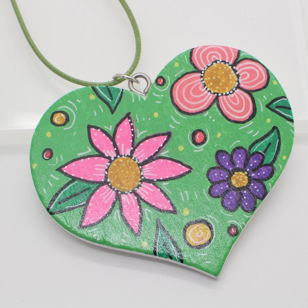 Green Grass and Pink Flowers - Heart Shaped Hand Painted Necklace - Wooden Pendant