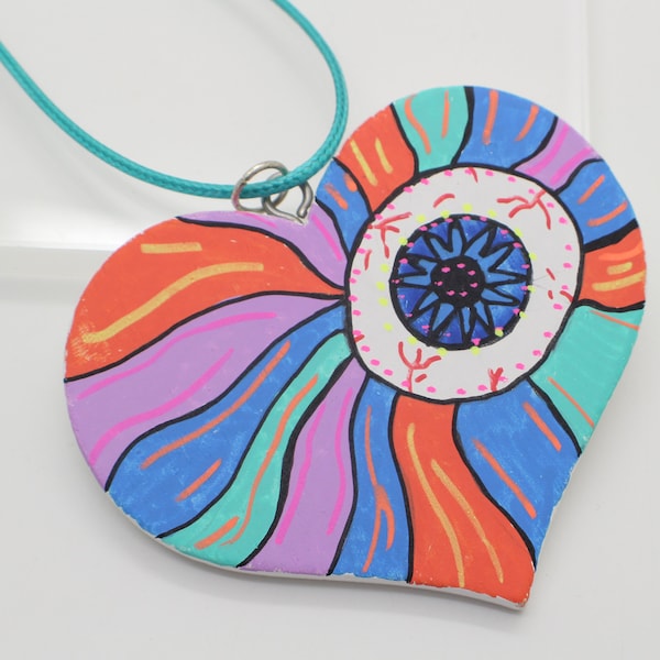 The Big Eyeball - Heart Shaped Hand Painted Necklace - Wooden Pendant