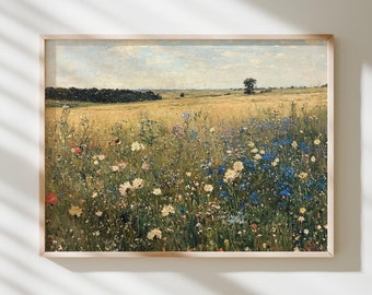 Wildflower Meadow Painting Landscape Print Farmhouse Wall Art Rustic Nature Wall Decor Vintage Art Print Housewarming Gift Living Room Art